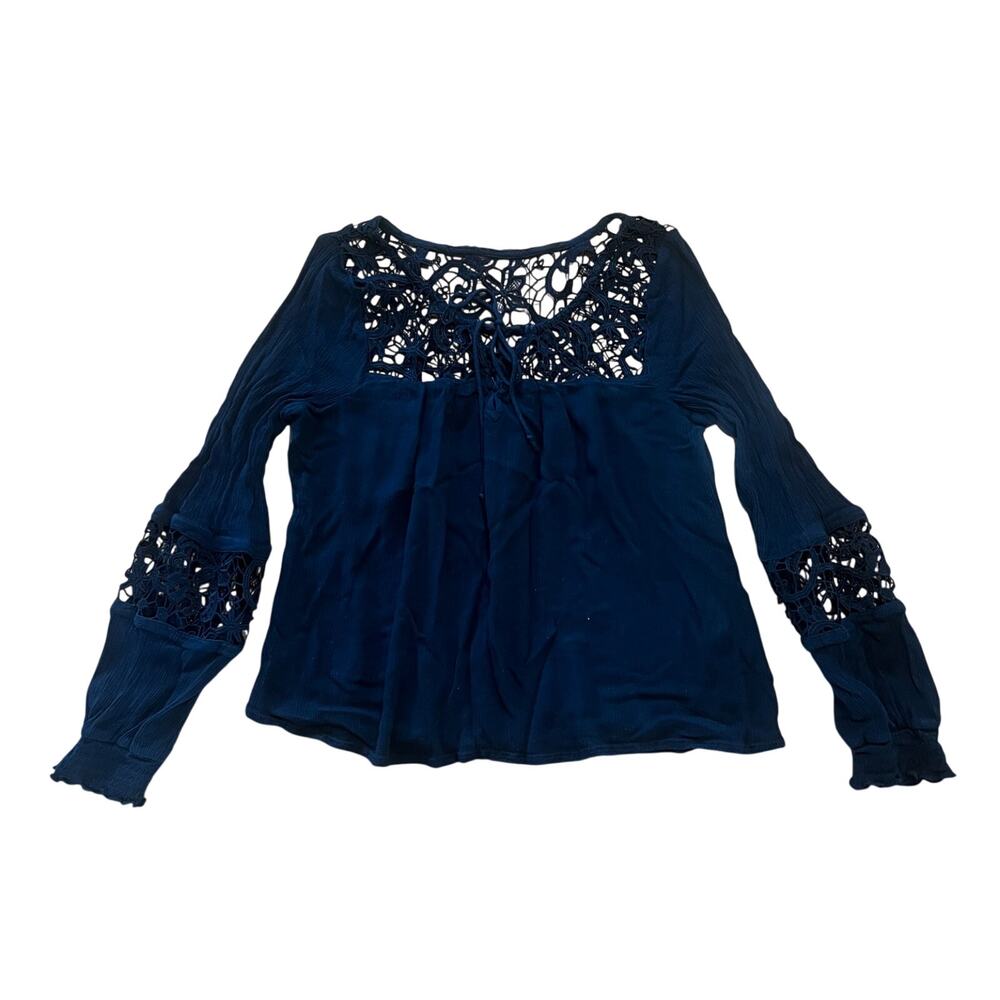 Hollister Black Lace Crochet Long Sleeve Edgy Boho Peasant Blouse | S